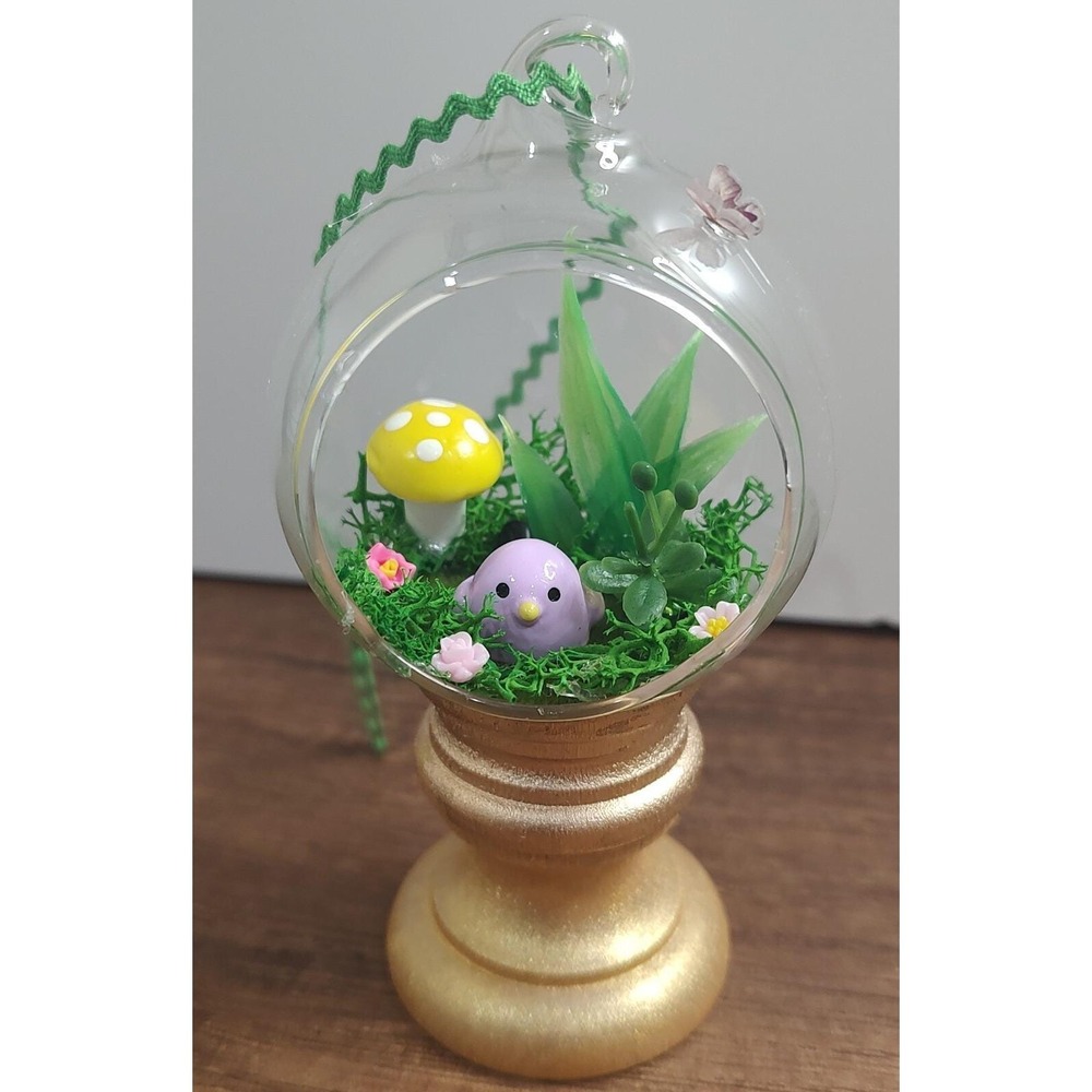 Bird Christmas Ornament Handmade Glass Diorama Mushroom Flowers Fairy Garden